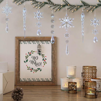 32pcs Crystal Christmas Ornaments for Christmas Tree Decorations-Blue Hanging Acrylic Snowflake and Icicle Ornaments with Drop Pendants for Xmas Winter Wonderland New Year Party Decorations Supplies