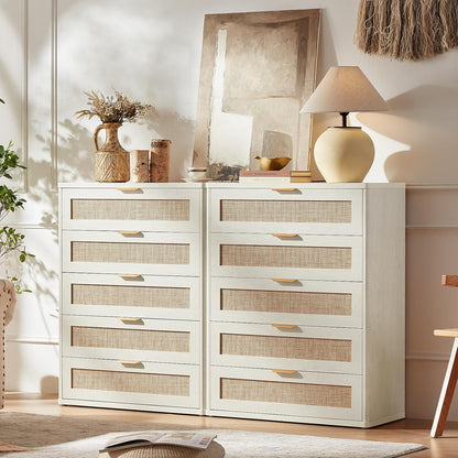 LEYAOYAO White Dresser for Bedroom, 41" Tall Chest of Drawers, Modern 5 Drawers Boho Rattan Dressers with Storage, Dresser Wooden Closet Organizer for Living Room, Hallway
