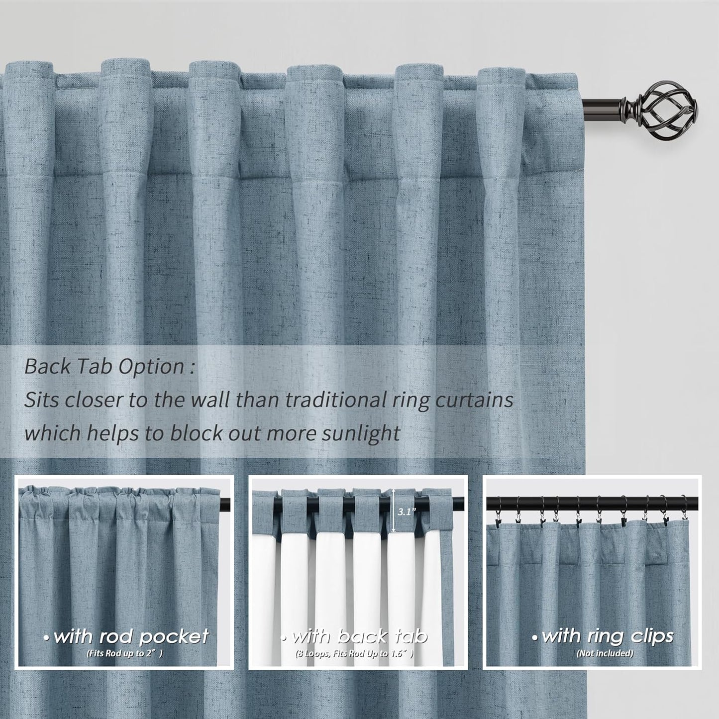 Blue Linen Blackout Curtains Thermal Insulated 120 Inch 100% Complete Black Out Window Curtains Back Tab Linen Textured Neutral Farmhouse Living Room Darkening Drapes High Ceiling Length 52x120