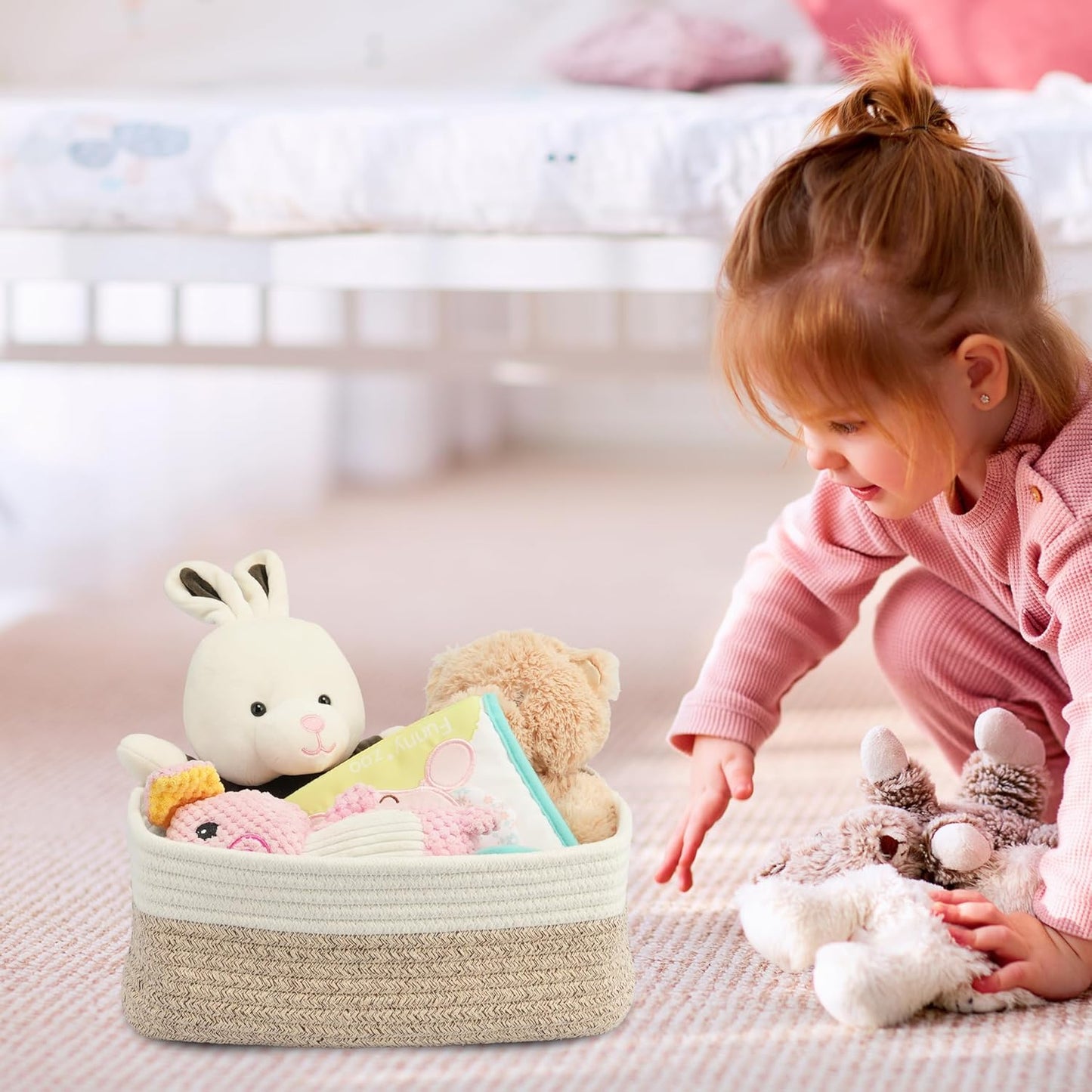 Small Woven Storage Baskets 12“X8”X5“ Decorative Rope Bins for Organizing Shelves, Closets, and Toys, Empty Gift Baskets, Cute Organizer Basket for Home and Office (white and brown regular)