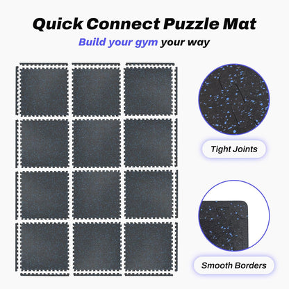 AIRHOP 0.56in Thick 48 Sq Ft Exercise Equipment Mats, 12 Tiles Upgraded Rubber Top with High Density EVA Foam, Large Interlocking Puzzle Gym Flooring for Home Gym, Heavy Weight Workout,Black & Blue
