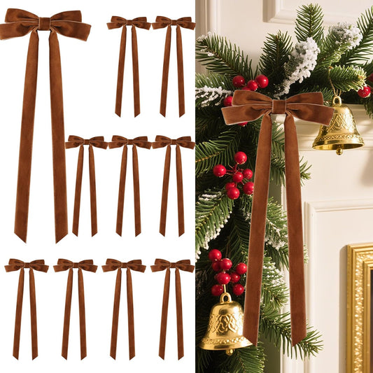 Senjie 10Pcs Large Velvet Christmas Tree Bows, 20in x 8in Premade Vintage Ribbon Tree Topper Bows Ornaments for Staircase Garland Wreath Holiday Home DIY Crafts Decorations, Light Brown
