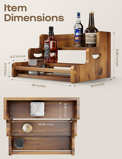 Tinamo Acacia Wood Liquor Bottle Display Shelf – 3-Tier Countertop Wine Rack, Bar Shelf – Whiskey Bar Stand for Home, Bottle Organizer for Countertop, Man Cave Decor – Wine Holder with Handles