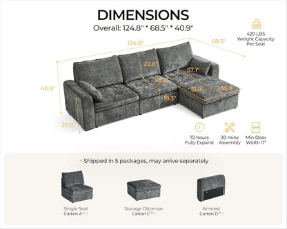 Oversized Modular Sofa Comfy Cloud Couch with Storage, Extra Deep Plush Sectional Sofa Set for Living Room, Covers Washable, Chenille, Olar (Grey, 4-Seater with Ottoman, l-Shaped)