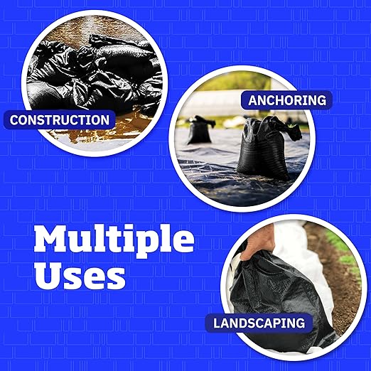 DURASACK Heavy Duty Sand Bags with Tie Strings Empty Woven Polypropylene Sand-Bags for Flood Control with 1600 Hours of UV Protection, 50 lbs Capacity, 14x26 inches, Black, Pack of 10