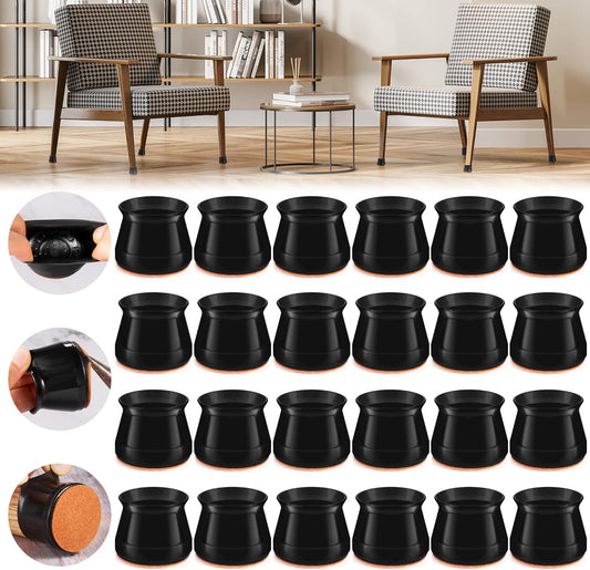 24PCS Upgraded Silicone Chair Leg Floor Protectors for Hardwood Floors, Furniture Sliders for Chair Legs, Felt Bottom Furniture Pads, Anti-Slip Round&Square Cap Covers to Scratch and Reduce Noise
