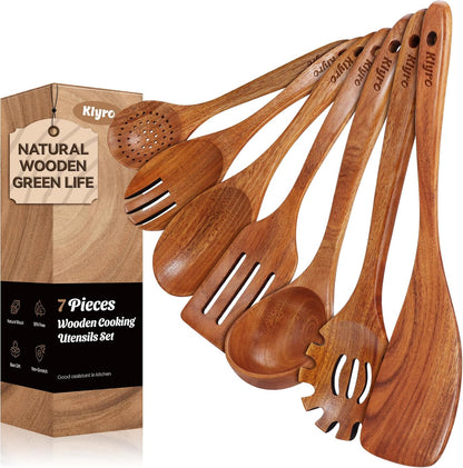 Kitchen Utensils Set, 7 Piece Premium Cooking Utensils Set, Durable Non-Stick Wooden Spoons for Cooking, Kitchen Essentials for New Home