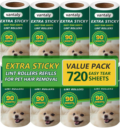 Extra Sticky Lint Roller Refills,Fits Most 3.9"-4" Standard Size Lint Roller with Inner Diameter at 1.5", 8 Pack with 720 Sheets Total, Pet Hair Remover for Clothes, Car, Furniture