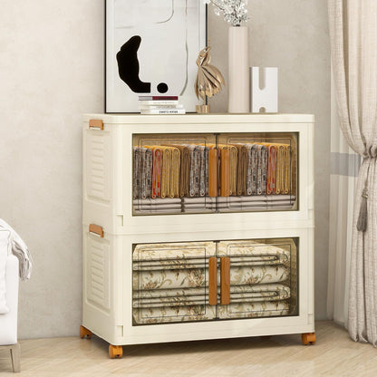 Plastic Stackable Storage Bins with Lids and Wheels, Closet Organizers and Storage Containers for Bathroom, Collapsible Clear Drawer Storage Cabinet with Doors 38Gal 2Tiers