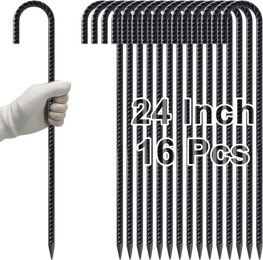 VVOKGO Rebar Stakes 24 Inch J Hook Heavy Duty Ground Anchors (16pcs), 3/8 Inch Diameter Metal Steel Extra Long Fence Stakes with Chisel Point End for Greenhouse, Gazebo, Carport, Camping Tents, Black