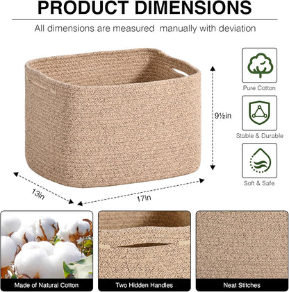 Woven Cotton Rope Storage Basket for Organizing, Cute Decorative Baskets for Gifts Empty, Organizer Bins for Dog Toy, Baby Laundry, 17“×13”×9.5“, Brown