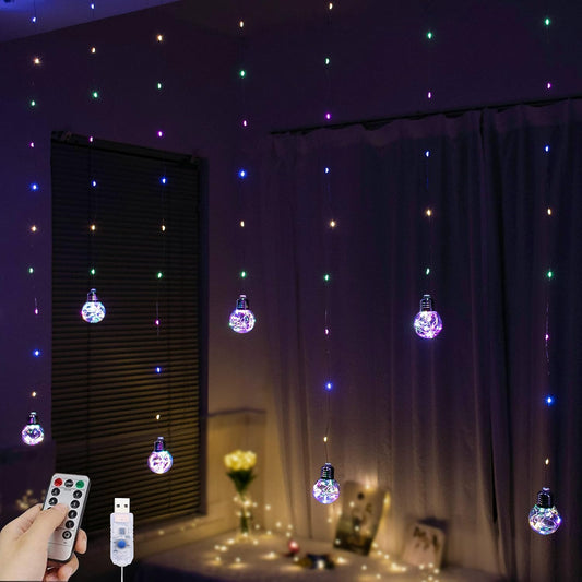 YOLIGHT Wishing Ball Curtain Lights 200 LED Window Curtain String Light with Remote, USB Battery Powered Twinkle Globe Fairy Lights for Wedding Party Bedroom Christmas Decoration (Multi-Colored)