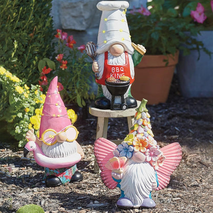 BAYN Garden Gnome Statues Outdoor Decor, Solar Powered Outdoor Gnome with BBQ Grill Decorative Yard Garden Lights Art Gifts with 11 Warm White LEDs