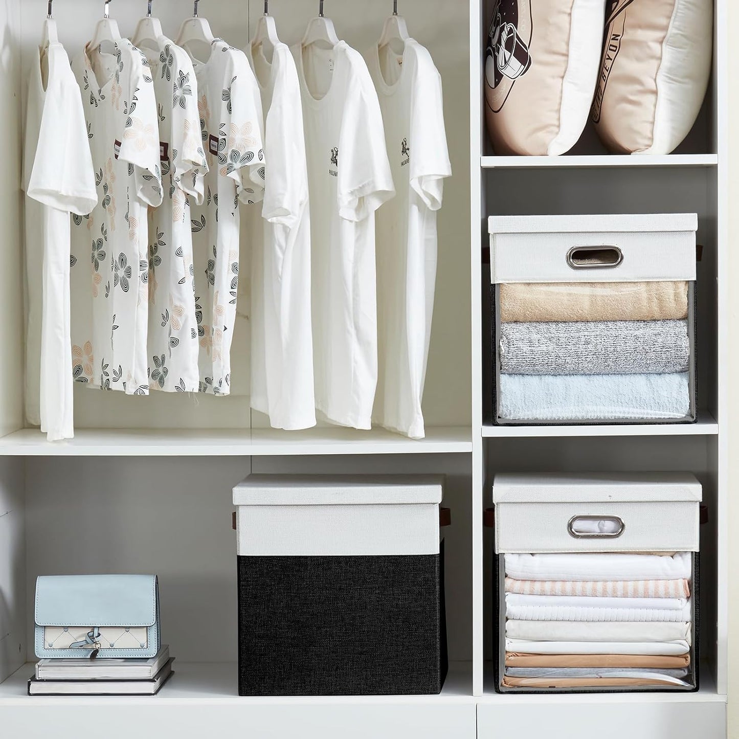 Fabric Storage Cubes with Clear Windows and Lids, 13'' Foldable Storage Bins with 3 Handles, Decorative Storage Boxes for Home, Bedroom, Closet, Office (Balck & White)