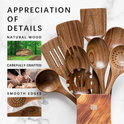Wooden Spoons for Cooking, Nonstick Cooking Utensil Set with 9 Piece Acacia Wooden Spatulas and Spoons for Cooking, Terrific for Everyday Kitchen Tasks