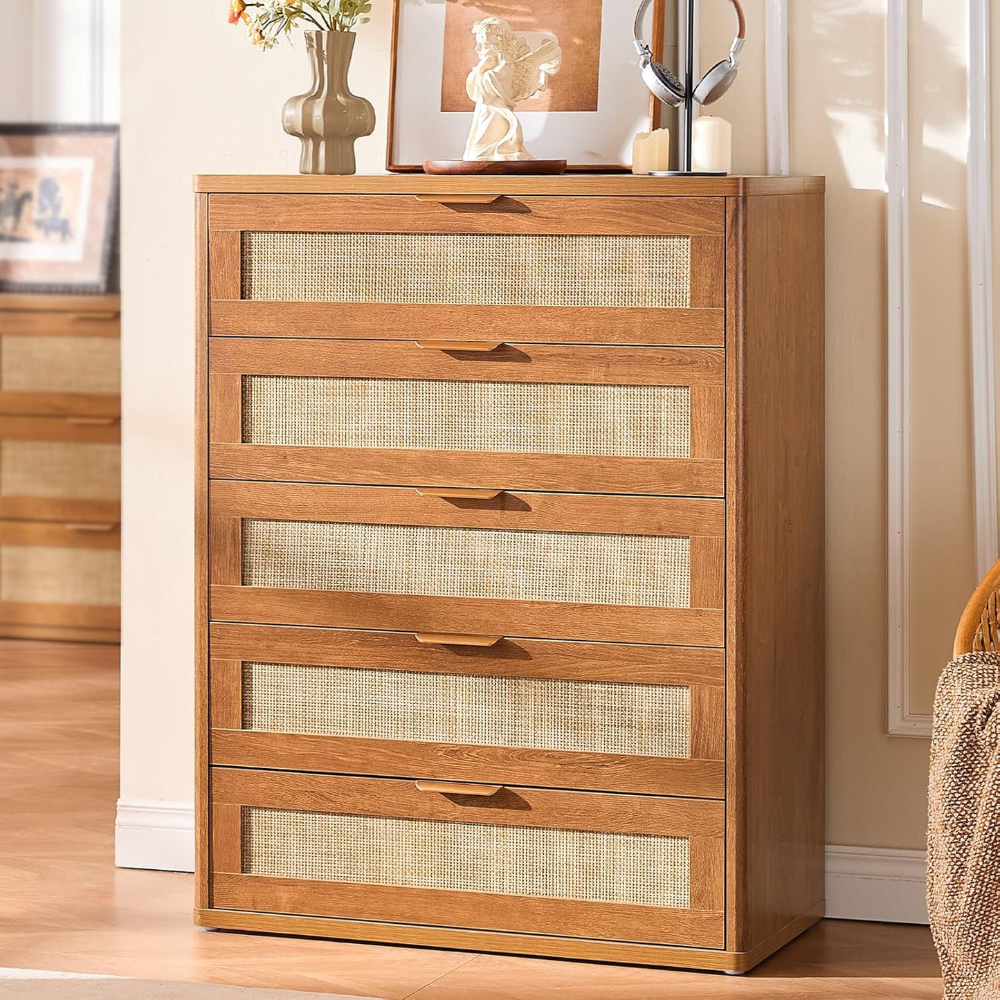 LEYAOYAO Rattan Dresser for Bedroom Set 2, 41" Tall Chest of Drawers, Modern 5 Drawers Boho Dressers with Storage, Light Oak Dresser Wooden Closet Organizer for Living Room, Hallway, Tea Brown