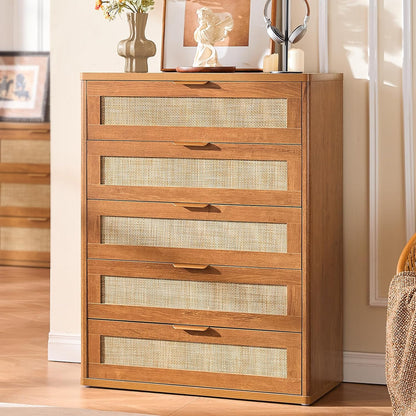 LEYAOYAO Rattan Dresser for Bedroom Set 2, 41" Tall Chest of Drawers, Modern 5 Drawers Boho Dressers with Storage, Light Oak Dresser Wooden Closet Organizer for Living Room, Hallway, Tea Brown