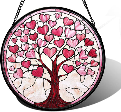 Stained Glass Window Hanging, Pink Love Heart Tree Suncatcher Hangings Beige Sun Catchers Decor for Birthday Holiday for Women, Men, Wife, Aunt, Mom 11.8IN