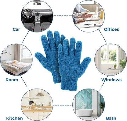 Grevosea 2 Pairs Microfiber Gloves - Household Cleaning, Plant Dusting, Washable Reusable Mittens for Plants, Cars, Blinds, Furniture and Small Objects (Sky Blue, Blue)