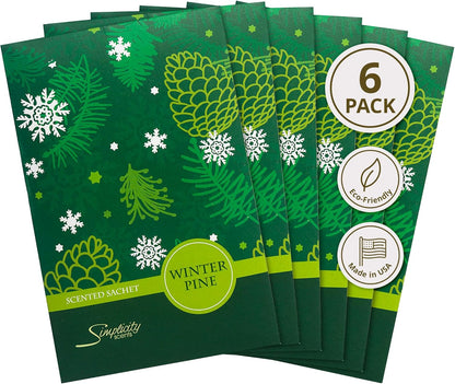 Simplicity Scents Winter Pine Scented Sachets Pack of 6, Fall & Winter - Long-Lasting Scented Bags, Home Fragrance, Air Freshener & Deodorizer for Closet, Room, Drawer, or Cars, Made in USA