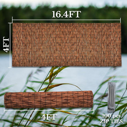 Brown 4FT X 16.4FT Reed Fencing Roll, Balcony Privacy Reed Shade Bamboo Fencing Garden Fence Border, Wind Block Sunshade Fence Screen for Outdoor Yard Patio Flower Bed Edge
