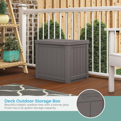 Suncast 22-Gallon Small Deck Box - Lightweight Resin Indoor/Outdoor Storage Container and Seat for Patio Cushions and Gardening Tools - Store Items on Patio, Garage, Yard - Stone Gray, Made in the USA