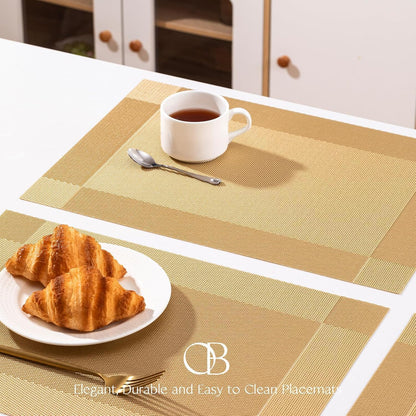 Placemats Set of 8 - Easy Clean Woven Vinyl Placemats for Dining Table, Indoor/Outdoor Place Mats, Washable PVC Table Mats（Gold Cube）