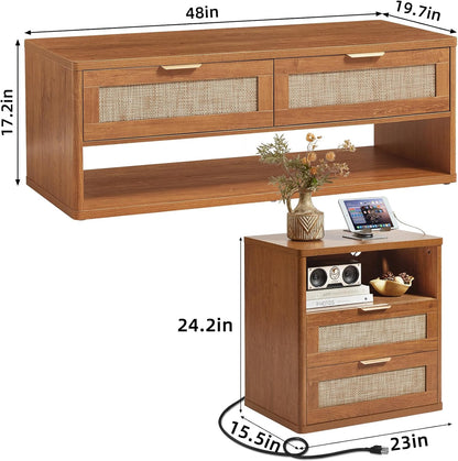 LEYAOYAO Boho Rattan Coffee Table and End Table Sets, 48" Wide Center Tables & 23" Night Stand with Charging Station Chest of Drawers, Brown Wood Coffee Table for Living Room 2 Piece Set