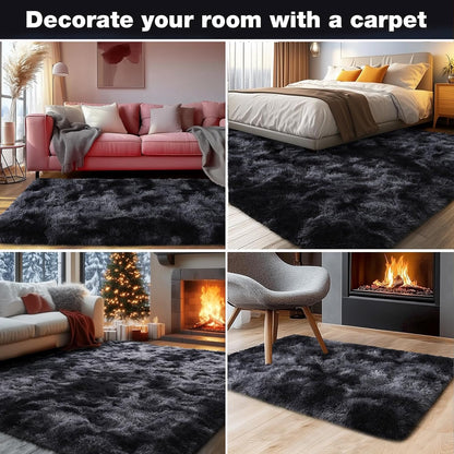 Rezutan Rugs for Living Room, Area Rug 6x9 Fluffy Rug Carpet, Soft Shaggy Modern Floor for Kids Boys Girls Bedroom, Plush Fuzzy Dorm,(Black Grey Tie-Dyed,6ft x 9ft)