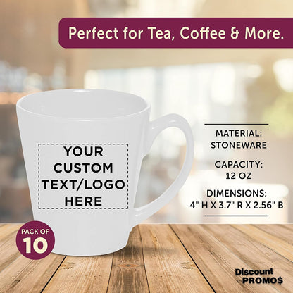 DISCOUNT PROMOS Custom Glossy Ceramic Latte Coffee Mug 12 oz. Set of 10, Personalized Bulk Pack - Perfect for Tea, Espresso, Cappuccino, Hot Cocoa - White