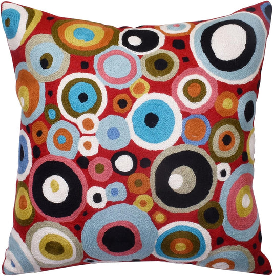 Red Polka Dots Pillow Cover | Reds Contemporary Pillows | Farmhouse Chair Cushion | Modern Outdoor Pillows | Red Throw Chair Pillow | Hand Embroidered Cushions Wool Size - 18x18