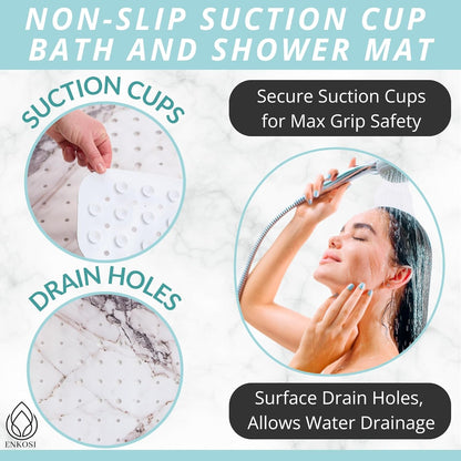 ENKOSI Bath Mat – Large 40 x 16 Inch Non-Slip Bathtub Mat with Suction Cups & Drain Holes – Extra Long Shower Mat for Tub with Marble Print Design (Grey Marble 40x16)