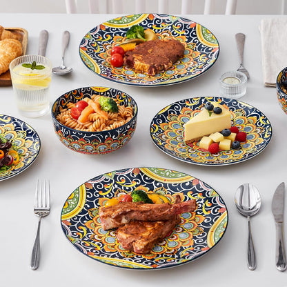 vancasso 12 Pieces Dinnerware Sets, Dark Green Plates and Bowls Set, Porcelain Dishes Set for 4, Microwave and Dishwasher Safe, Scratch Resistant, Bohemian Style Dining Ware Service for 4, Series SIMI