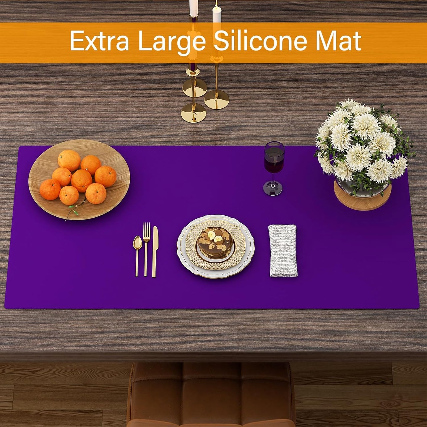 Quality Silicone Table Mat 47x24 Inch - High Heat Resistant (Lab Tested 482°F), Non-Slip Oil-Resistant Surface for Baking & DIY | Waterproof & Easy Clean (Purple)