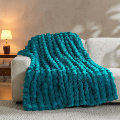 Lotus Karen Faux Fur Throw Blanket Teal - Big Bubble Rabbit Fluff Blanket for Couch Bed Sofa,Softest Fluffy Fuzzy Cozy Blanket,Thick Furry Plush Shaggy Warm Blankets for Women,90x90 Inches