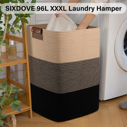 Laundry Hamper 96L Extra Large Laundry Basket, Woven Blanket Basket, Cotton Woven Storage Hamper with Handles for Living Room, Large Baskets for Pillows, Blankets, Clothes-Black & Yellow