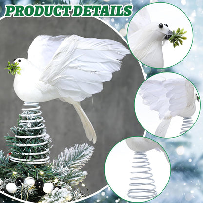 Retisee 9 Inch Dove Olive Christmas Tree Topper White Bird Christmas Tree Decoration Peaceful Flying Dove Ornaments Artificial Feather Flocked for Hanging Wedding Party Decor