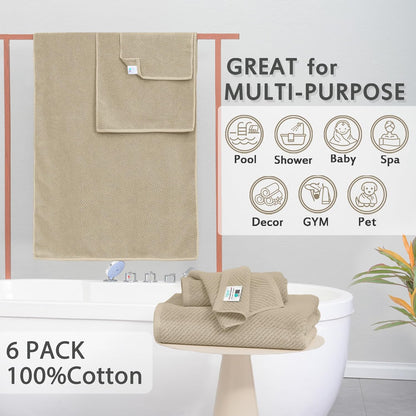 VOOVA & MOVAS Tan Bath Towels - 100% Cotton | Lightweight | Soft | Thick, 2 Bath 30"x56", 2 Hand 18"x28", 2 Washcloths 13"x13", Quick Dry Towels for Showering, Luxury Towel Gift Set, Dark Beige