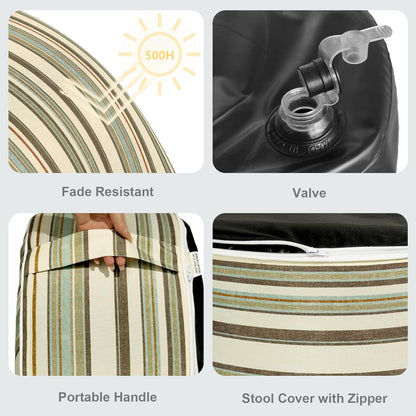 LVTXIII Outdoor Inflatable Ottoman, Fade-Resistant Round Footrest Stool D31”x H14”, Portable Patio Pouf for Garden Camping or Home Use, Stripe Onyx