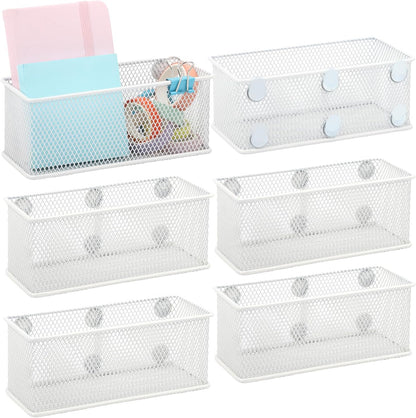 EASEPRES Magnetic Pencil Holder Set of 6 - Wire Mesh Storage Baskets Organizer with Strong Magnets - Perfect for Whiteboard, Refrigerator and Locker Accessories, White