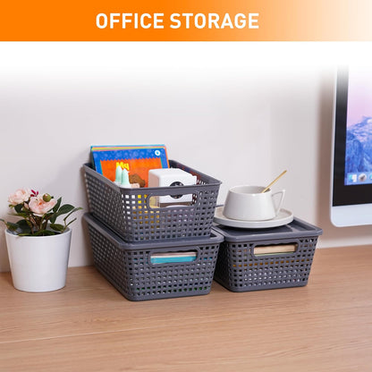 Plastic Storage Baskets With Lid, Storage Bins for Organizing, Stackable Decorative Containers for Shelves Drawers Desktop Closet Playroom Classroom Office, 6 Pack-Grey