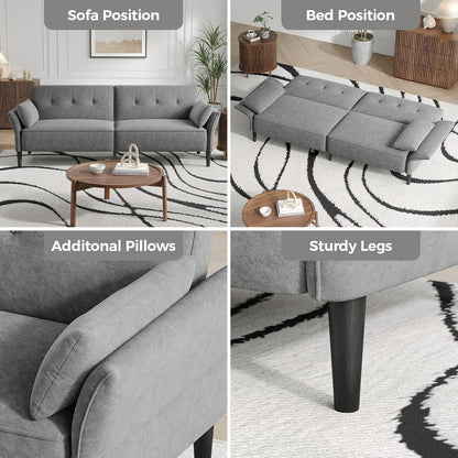 89” Futon Sofa Bed, Comfy Futon Couch Bed with 2 Square Pillows, Convertible Sleeper Sofa with Adjustable Backrest& Armrests, Modern Loveseat Sleeper for Living Room, Bedroom, Light Gray