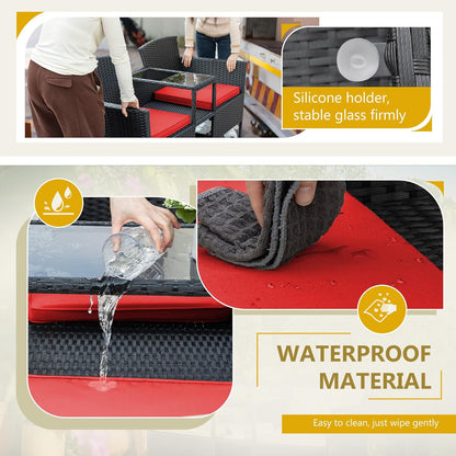 Flamaker Outdoor Furniture Patio Loveseat Wicker 2-Seat with Built-in Table and Cushions Rattan Porch Chairs Bench for Balcony, Lawn, Backyard (Red)