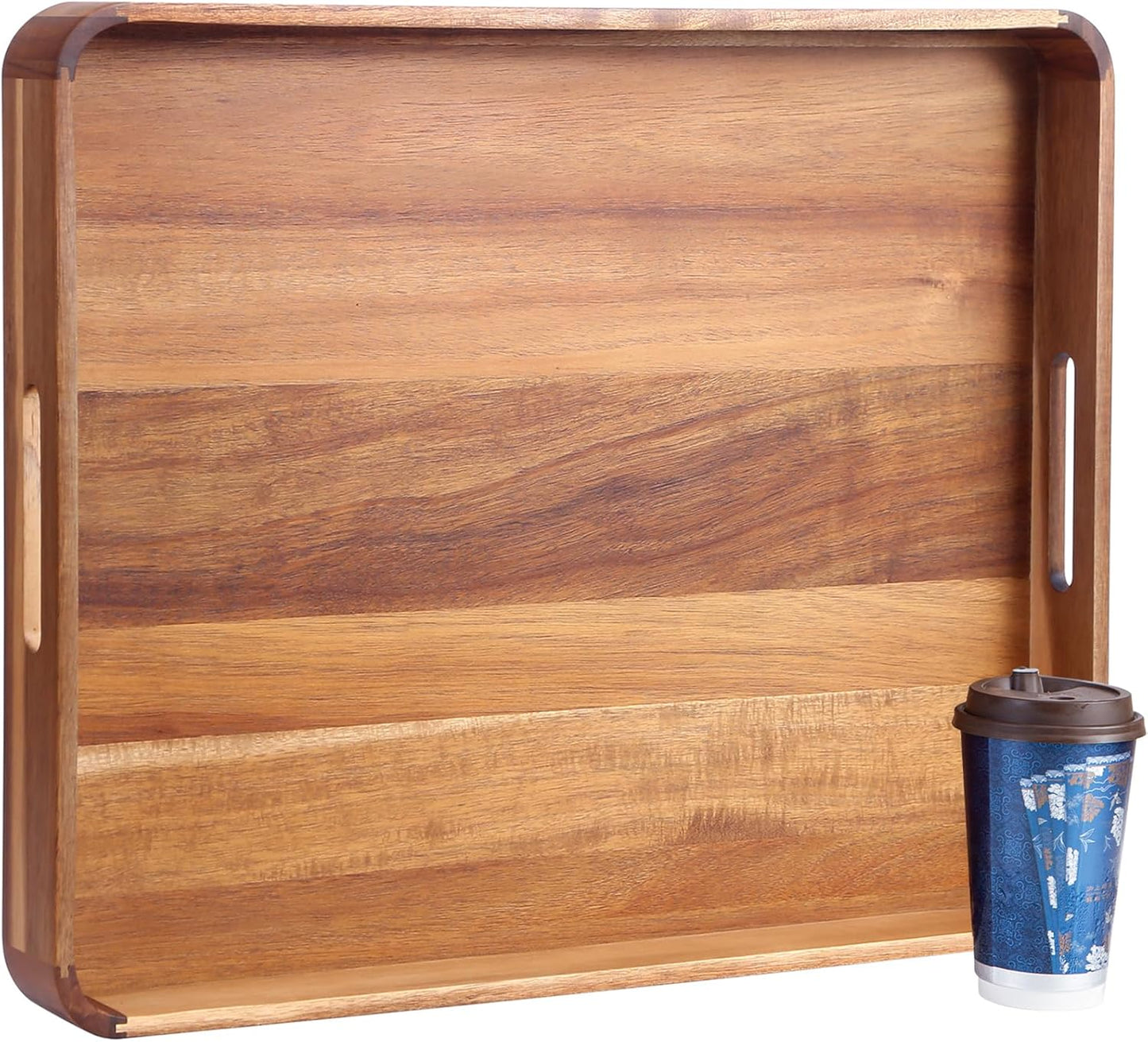 Large Wooden Ottoman Tray, Great 22"x18" Rectangle Trays for Big Ottoman Counter, Huge Kitchen Wood Serving Tray Round Corner, Living Room Coffee Table Decor Centerpiece Organizer Trays