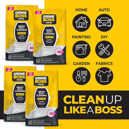 Grime Boss Heavy Duty Surface and Hand Wipes (4x60ct) | Wet Wipes Remove Paint, Oil, Grease, Adhesives, Mud, Dirt | Shop Wipes Replace Cleaners like Rags, Towels, Pumice, Soap