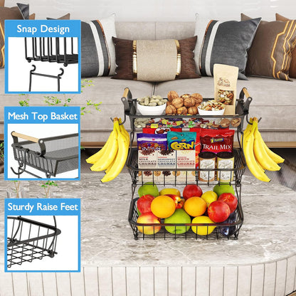 ANTOPY 3 Tier Fruit Basket with 2 Banana Hangers, Countertop Fruit Vegetable Basket Bowl for Kitchen Counter Metal Mesh Basket Fruits Stand Produce Holder Organizer for Onion Potato Bread Snack Veggie