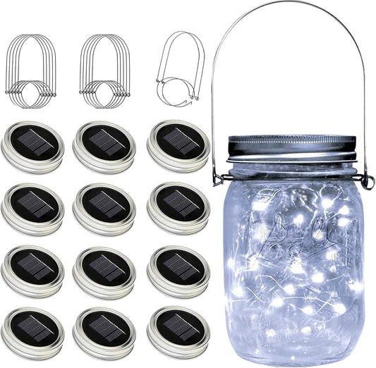 ZNYCYE Mason Jar Solar Lights for Outside, 12 Pack 30LED Fairy Lights Mason Jar Solar Lids Outdoor Waterproof String Lights with Hangers(NO Jars) for Patio Garden Yard Lawn Decoration - Cool White