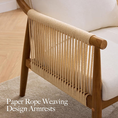 Braid Accent Chair for Living Room Bedroom Reading Room, Rattan Modern Boho Armchair with Solid Wooden Armrest & Frame and Cushions