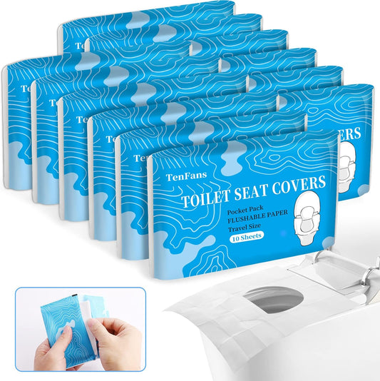 TenFans Flushable Water-Soluble Toilet Seat Covers (120 Pack) - Disposable Toilet Paper Liners for Kids Potty Training, Adults & Travelers - Public Restroom & Camping Essentials