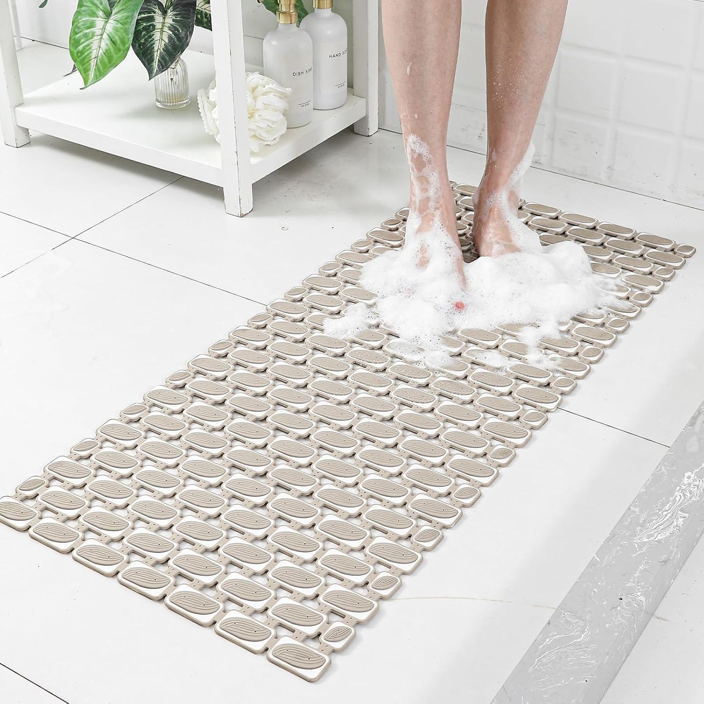 Shower Mat Non Slip Bathtub Mat - 36" x 16" Eco-Friendly Soft Bath Mat for Tub Non Slip Shower Mats for Inside Shower with Suction Cups and Drain Holes, Easy to Clean Quick-Drying, Brown